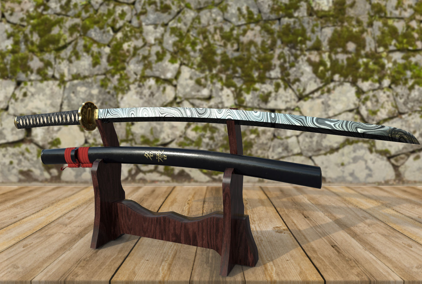 Damascus Steel Katana  Low-poly 3D model_2