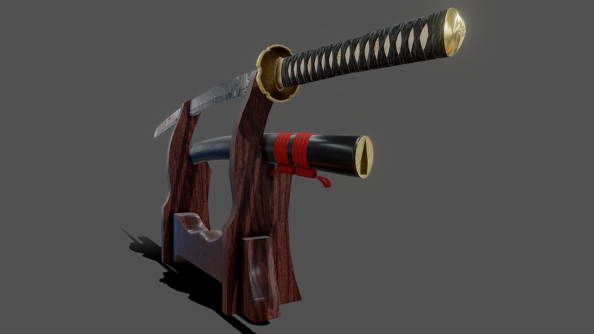 Damascus Steel Katana  Low-poly 3D model_7