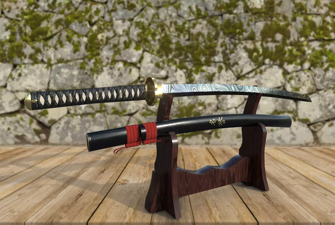 Damascus Steel Katana  Low-poly 3D model_0