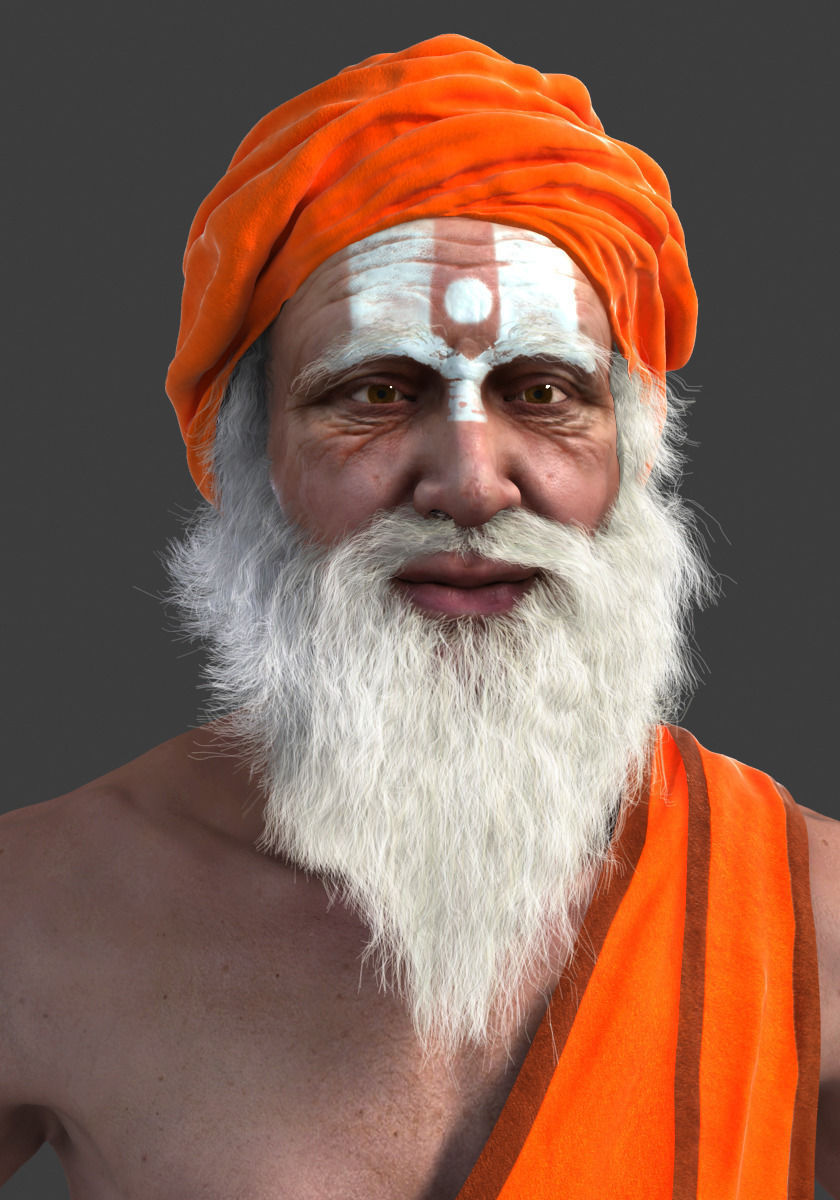 Hermit man in orange turban 3D model_2
