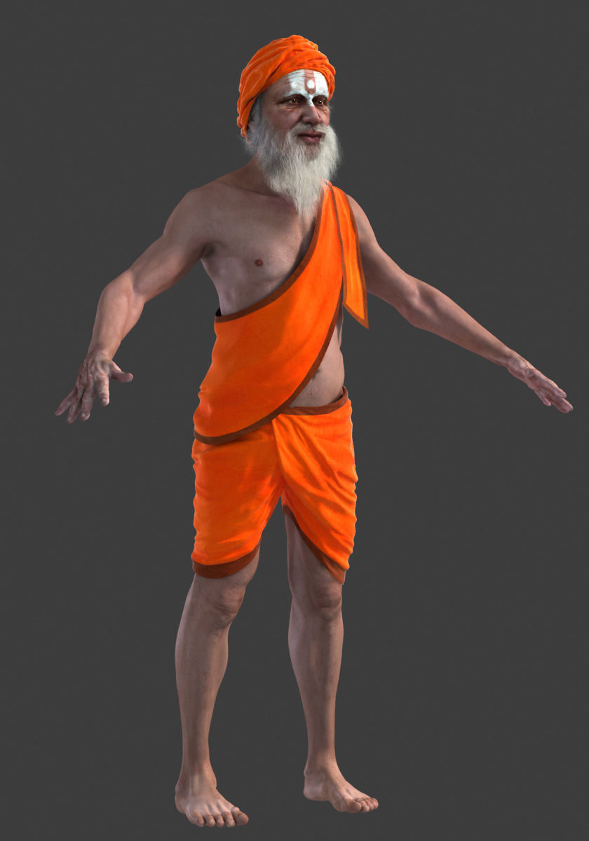 Hermit man in orange turban 3D model_6
