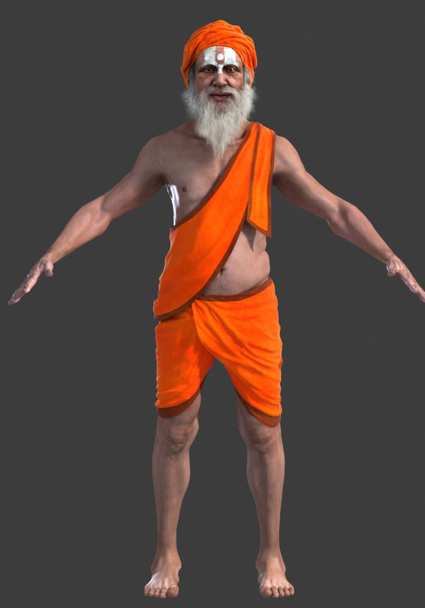 Hermit man in orange turban 3D model_4