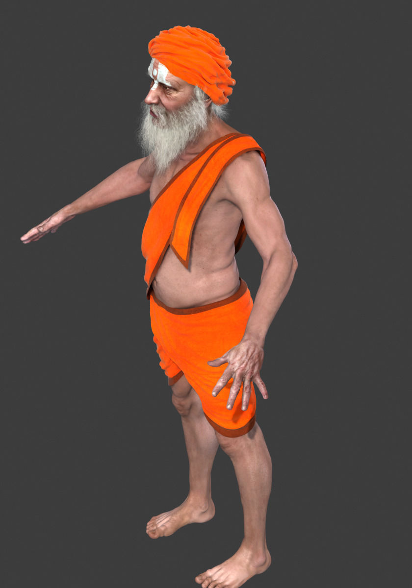 Hermit man in orange turban 3D model_7