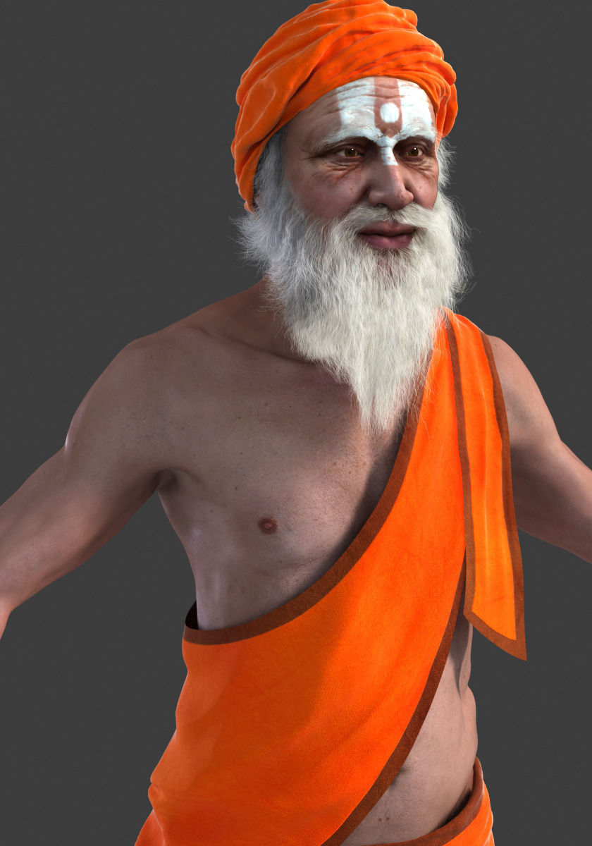 Hermit man in orange turban 3D model_1