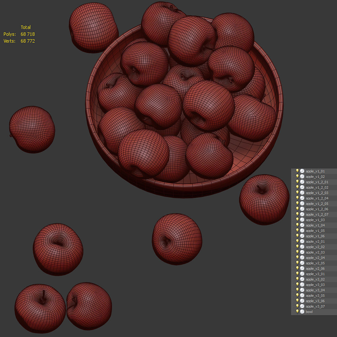 Apples in a wooden bowl Low-poly 3D model_6