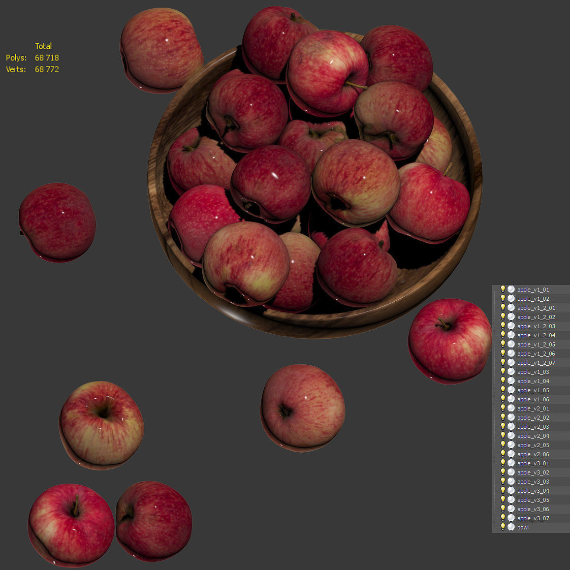 Apples in a wooden bowl Low-poly 3D model_5