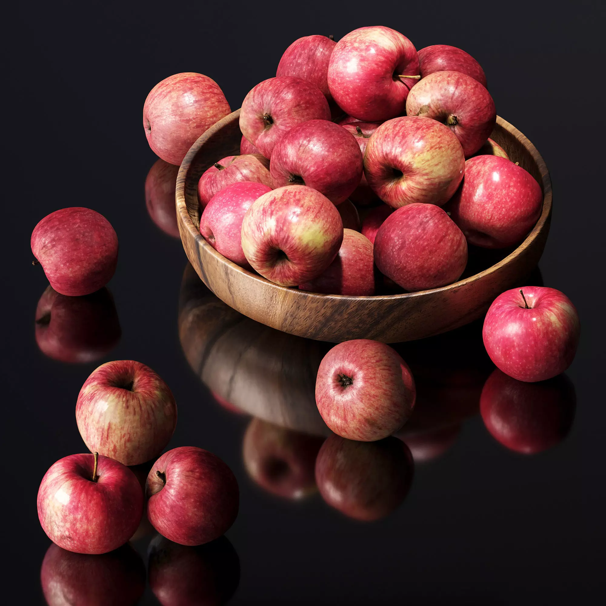 Apples in a wooden bowl Low-poly 3D model_0