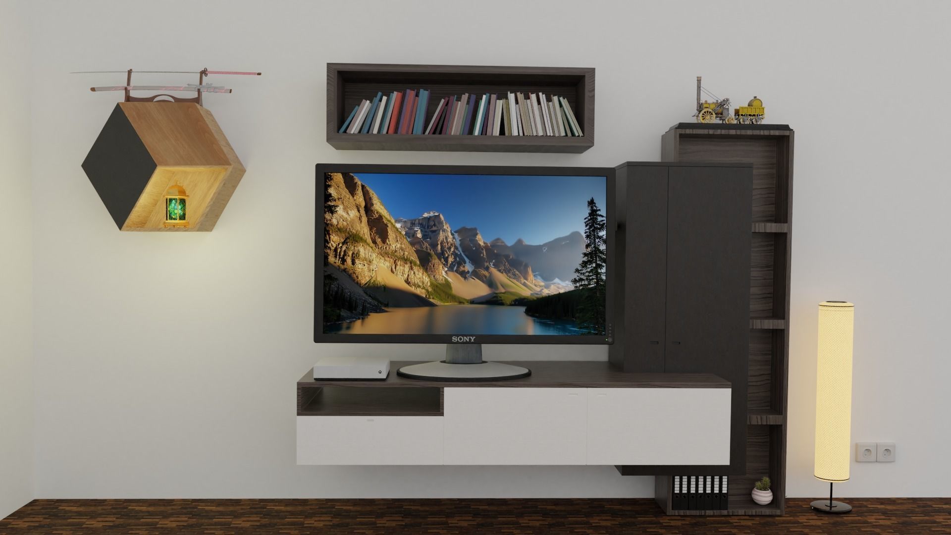 Room 3d wooden shelf with bottle 3D model_11