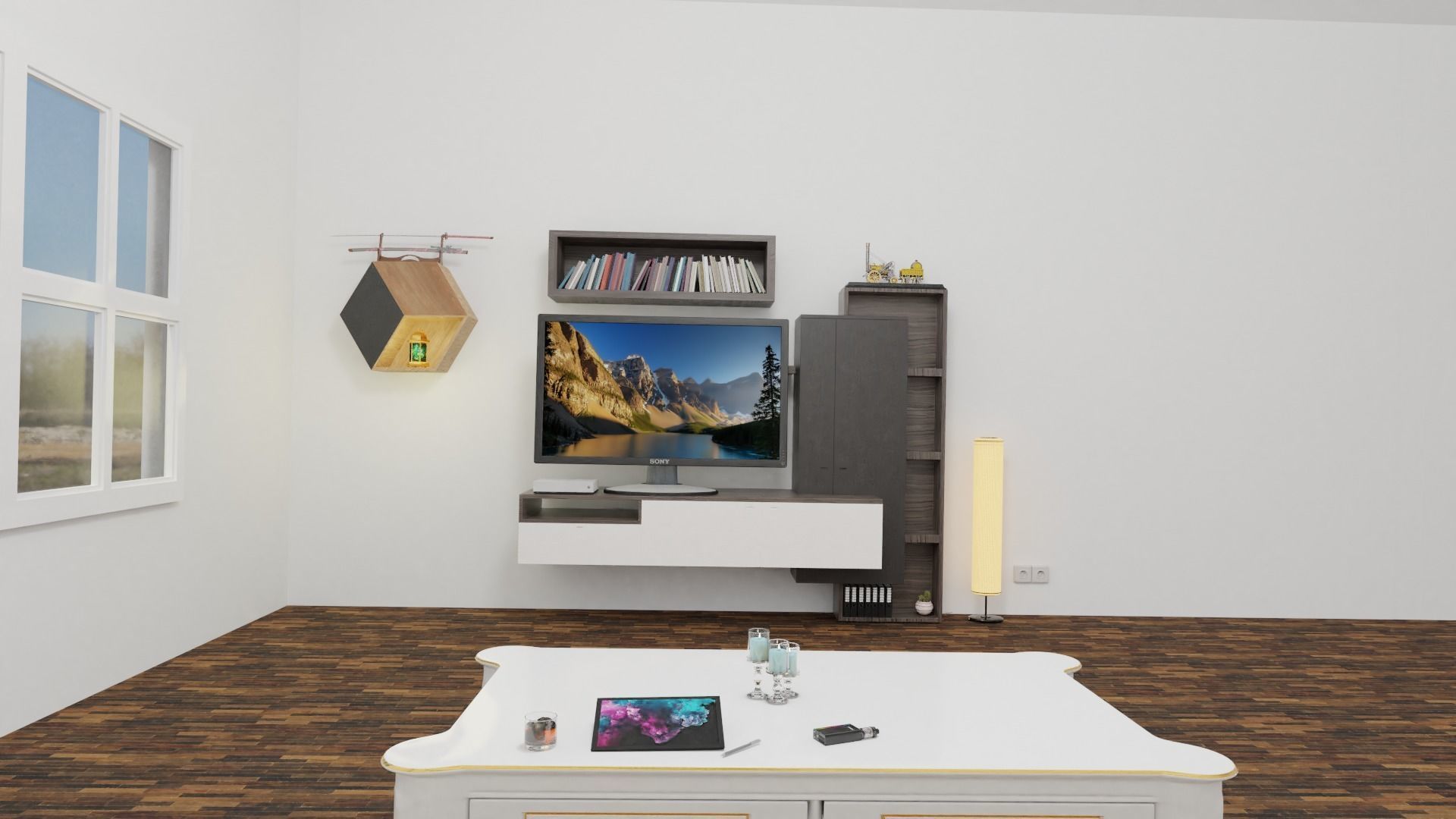 Room 3d wooden shelf with bottle 3D model_3