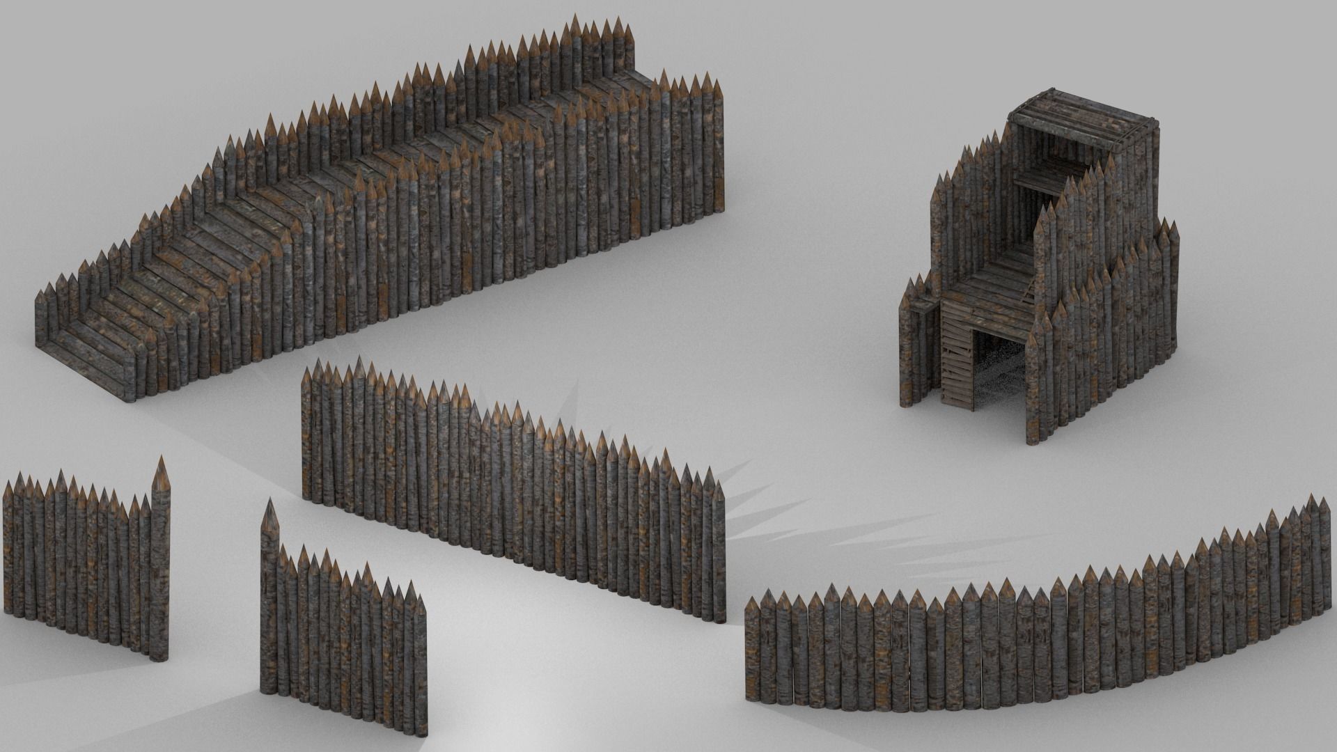 Medieval wood defense fence modular Low-poly 3D model