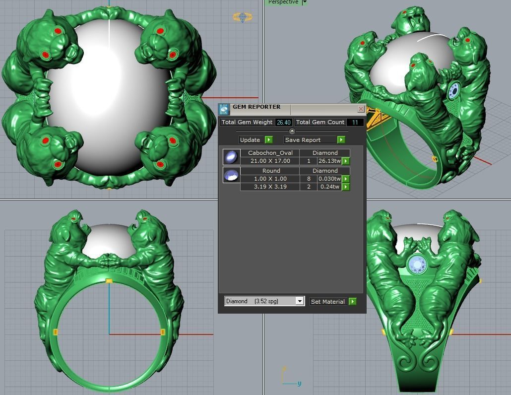 4 Tigers gold ring with amethyst stone 3D print model_1