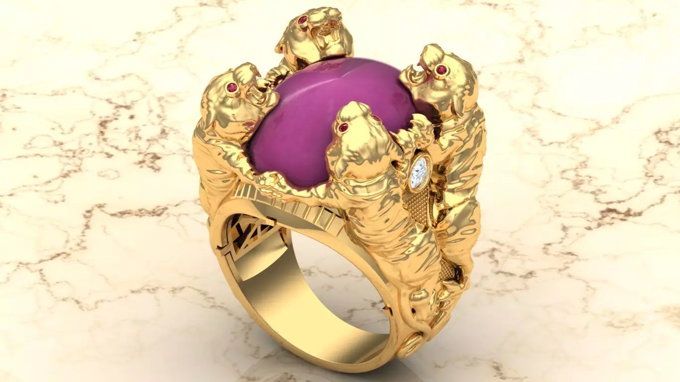 4 Tigers gold ring with amethyst stone 3D print model_0