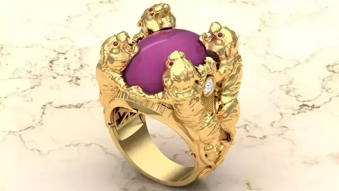 4 Tigers gold ring with amethyst stone