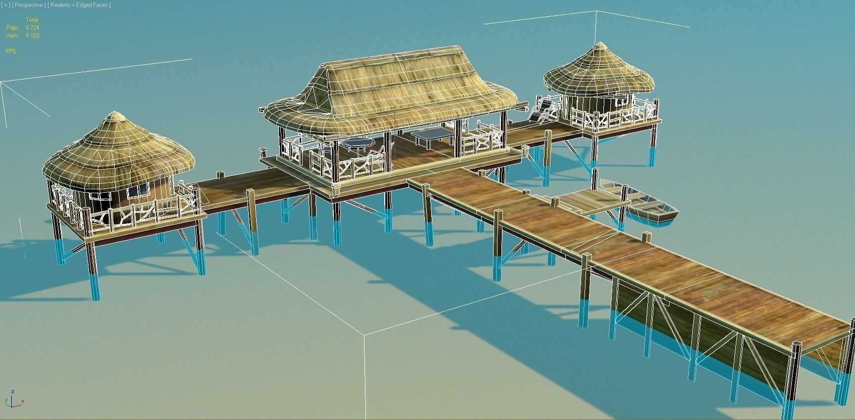 Bungalow - low poly wooden structure with boat Low-poly 3D model_9