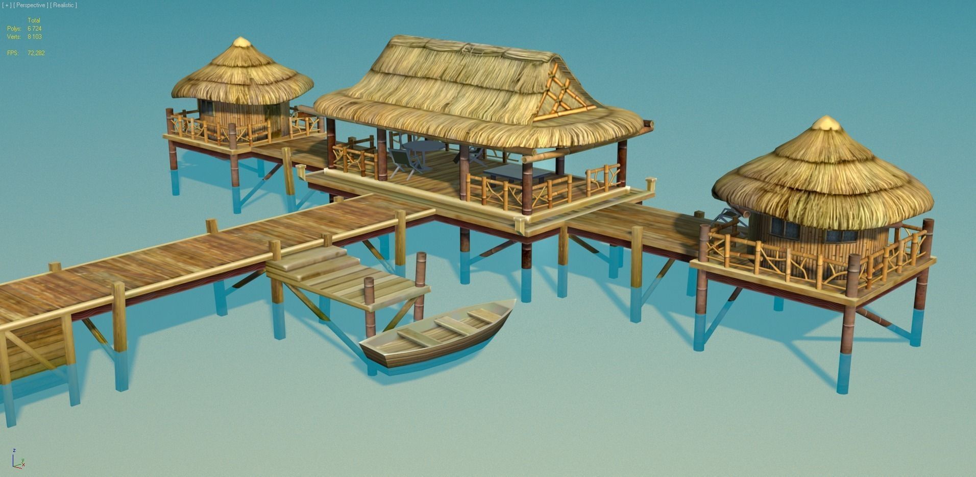 Bungalow - low poly wooden structure with boat Low-poly 3D model_2