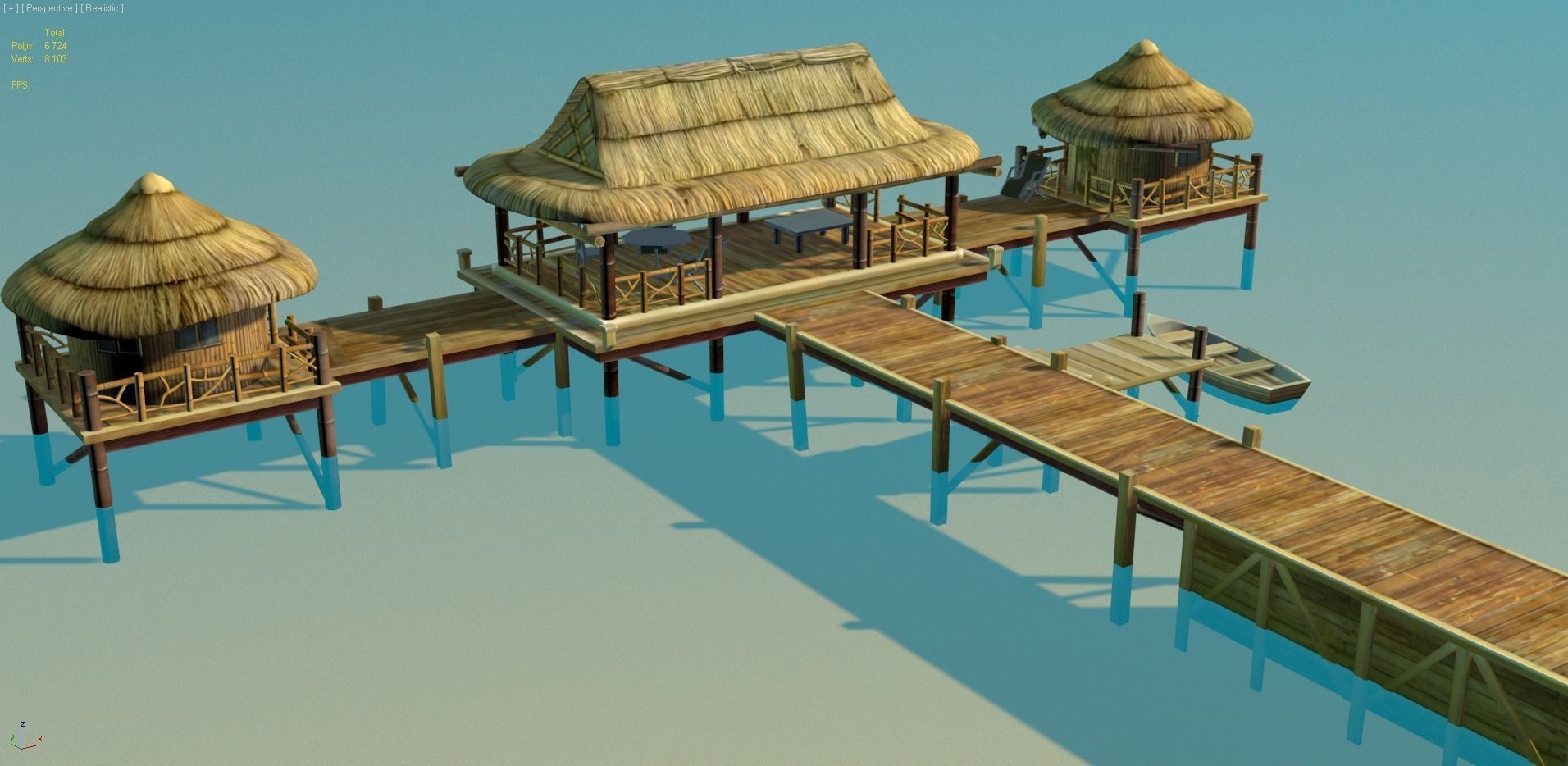 Bungalow - low poly wooden structure with boat Low-poly 3D model_1