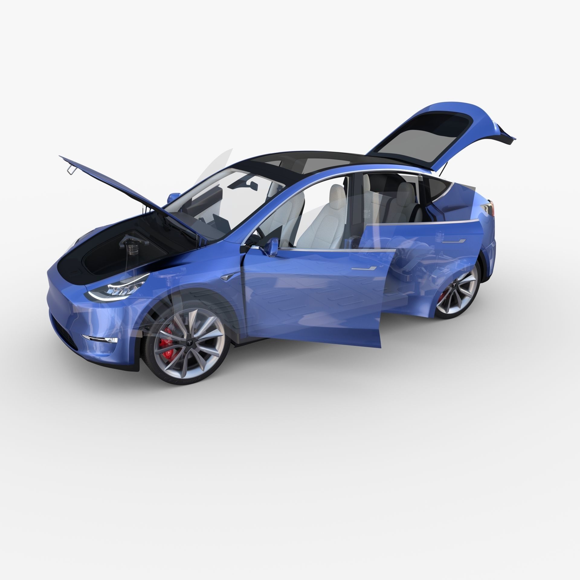 Tesla Model Y RWD Blue with interior and chassis 3D model_37
