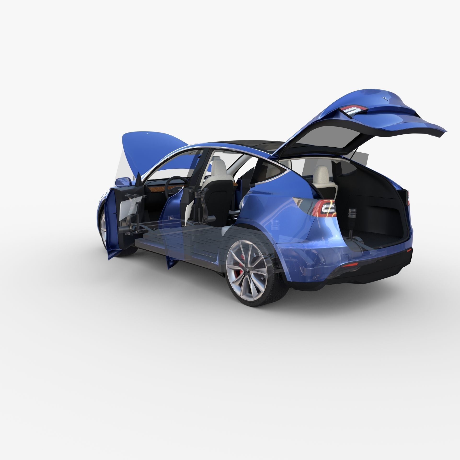 Tesla Model Y RWD Blue with interior and chassis 3D model_34