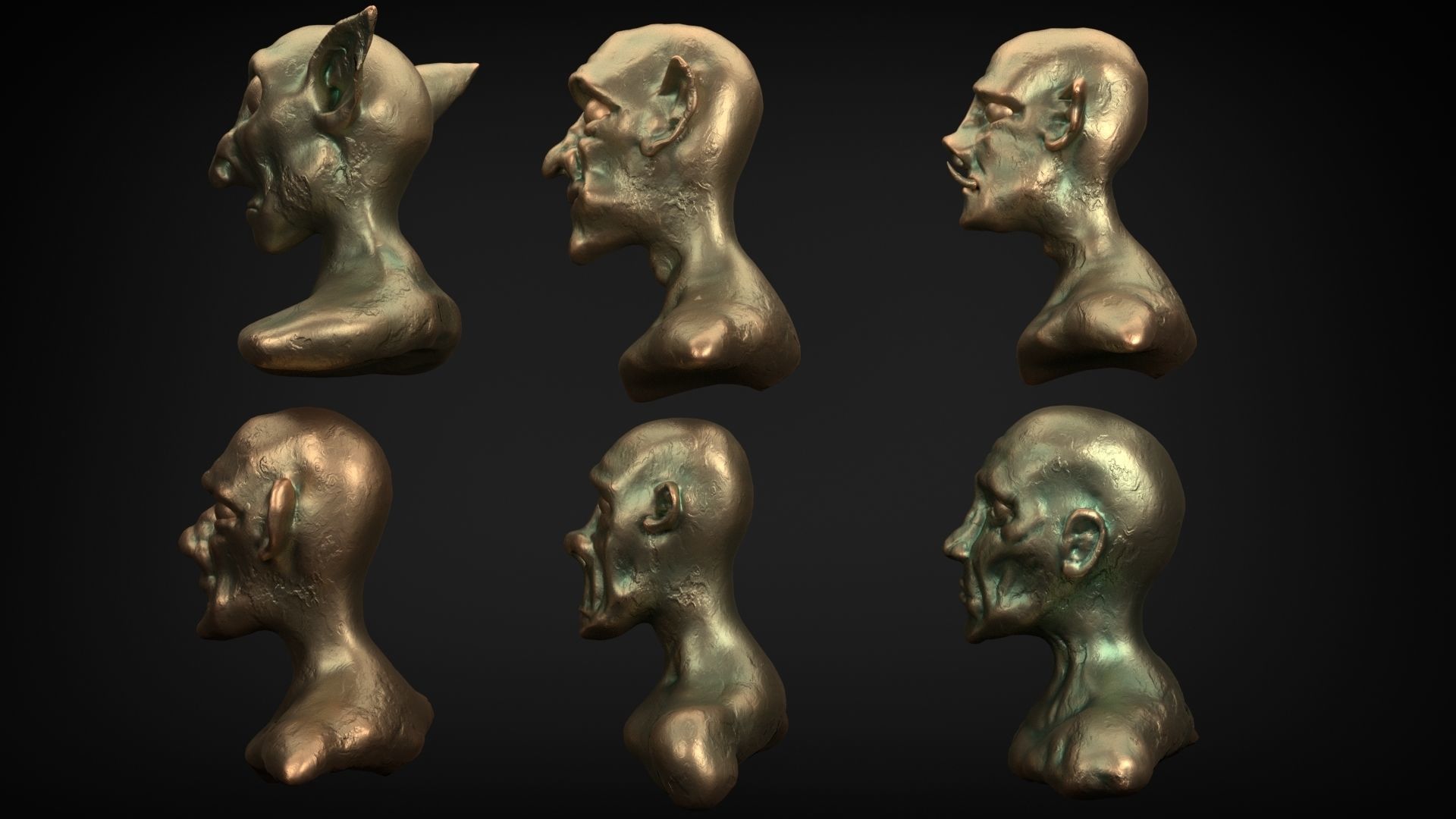heads group of bronze with different facial expressions 3D model_4