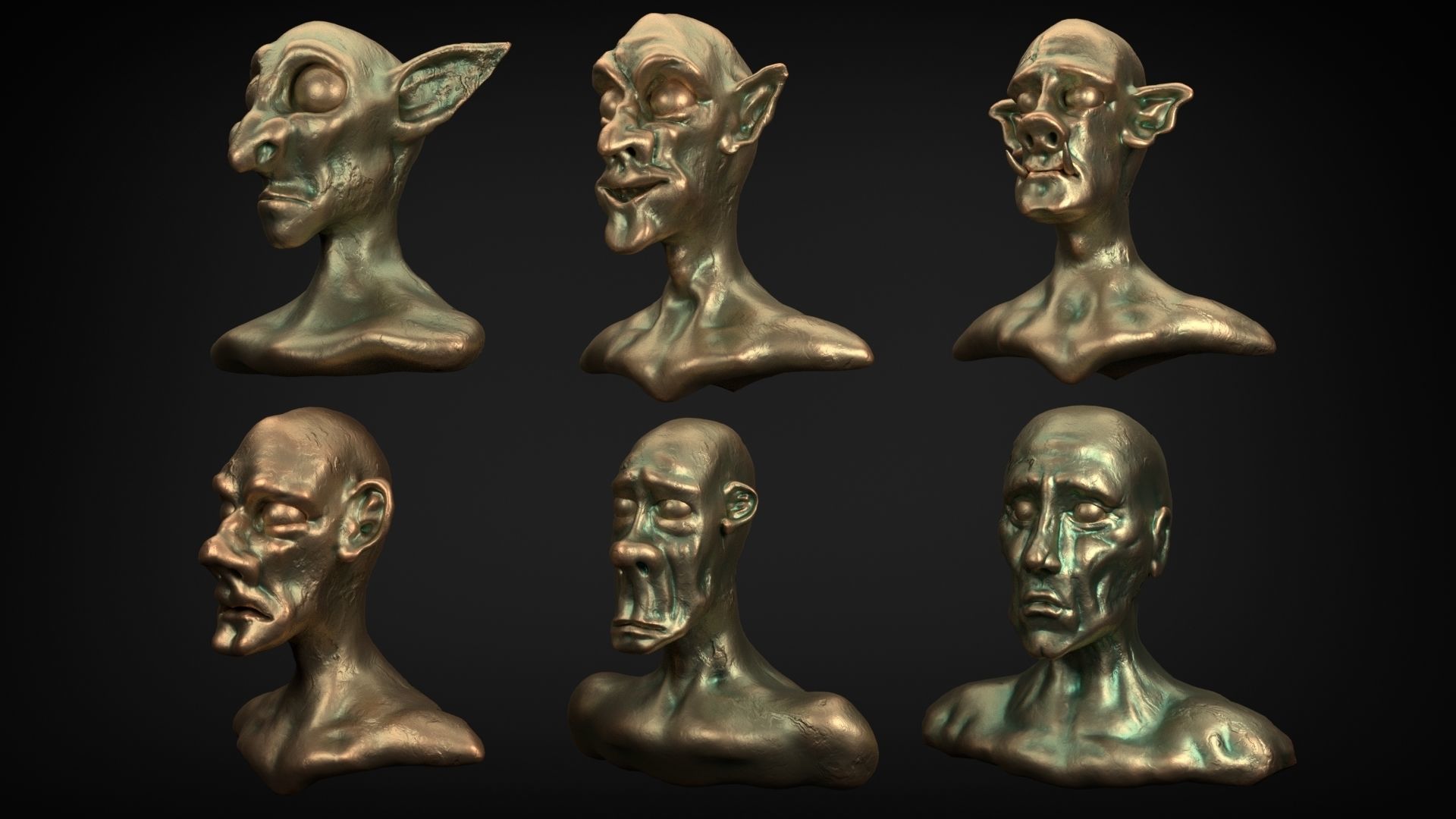 heads group of bronze with different facial expressions 3D model_3