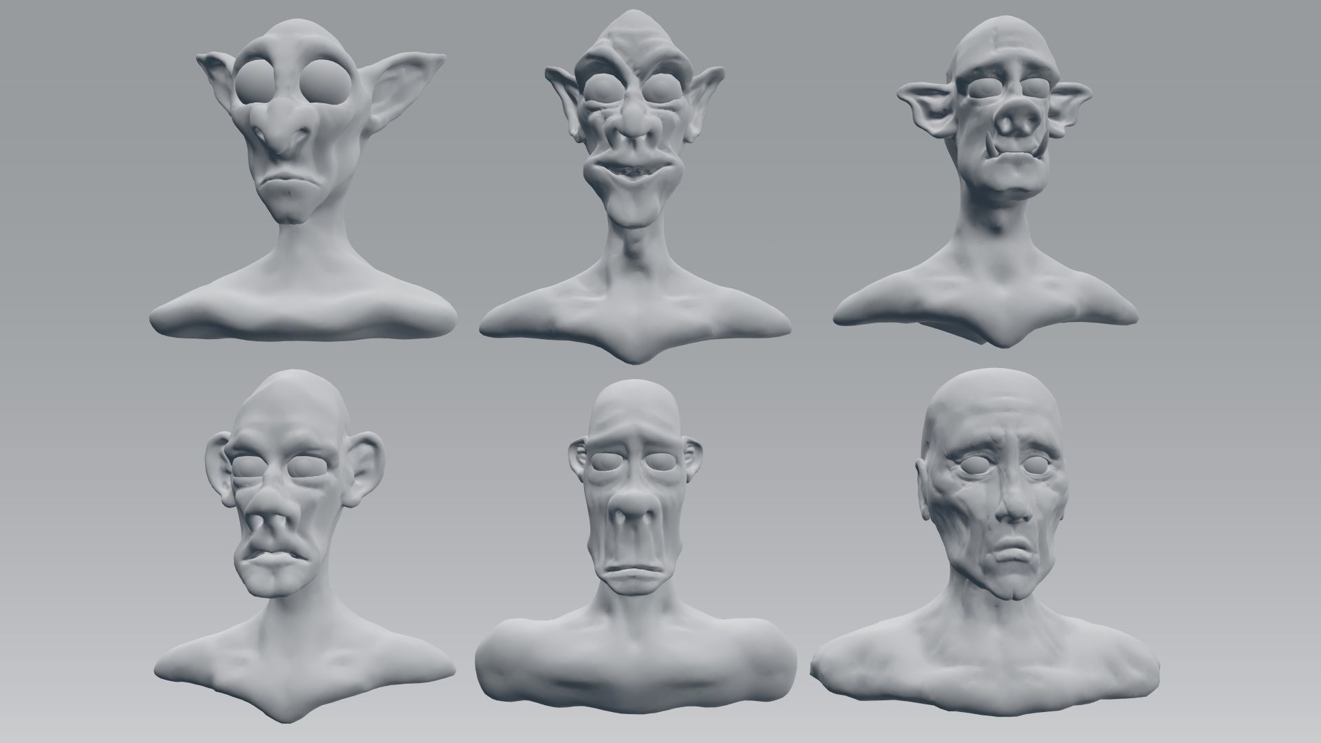 heads group of bronze with different facial expressions 3D model_1