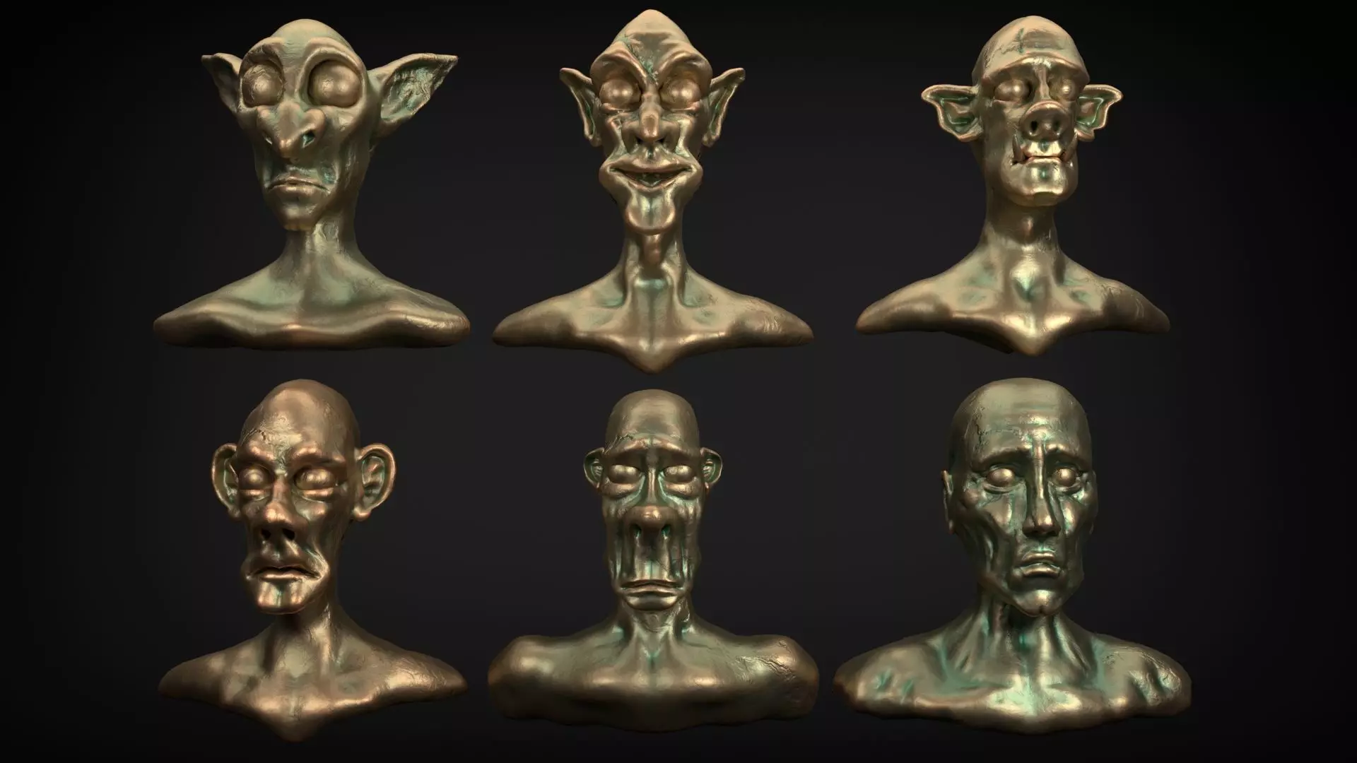 heads group of bronze with different facial expressions 3D model_0