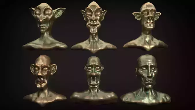heads group of bronze with different facial expressions
