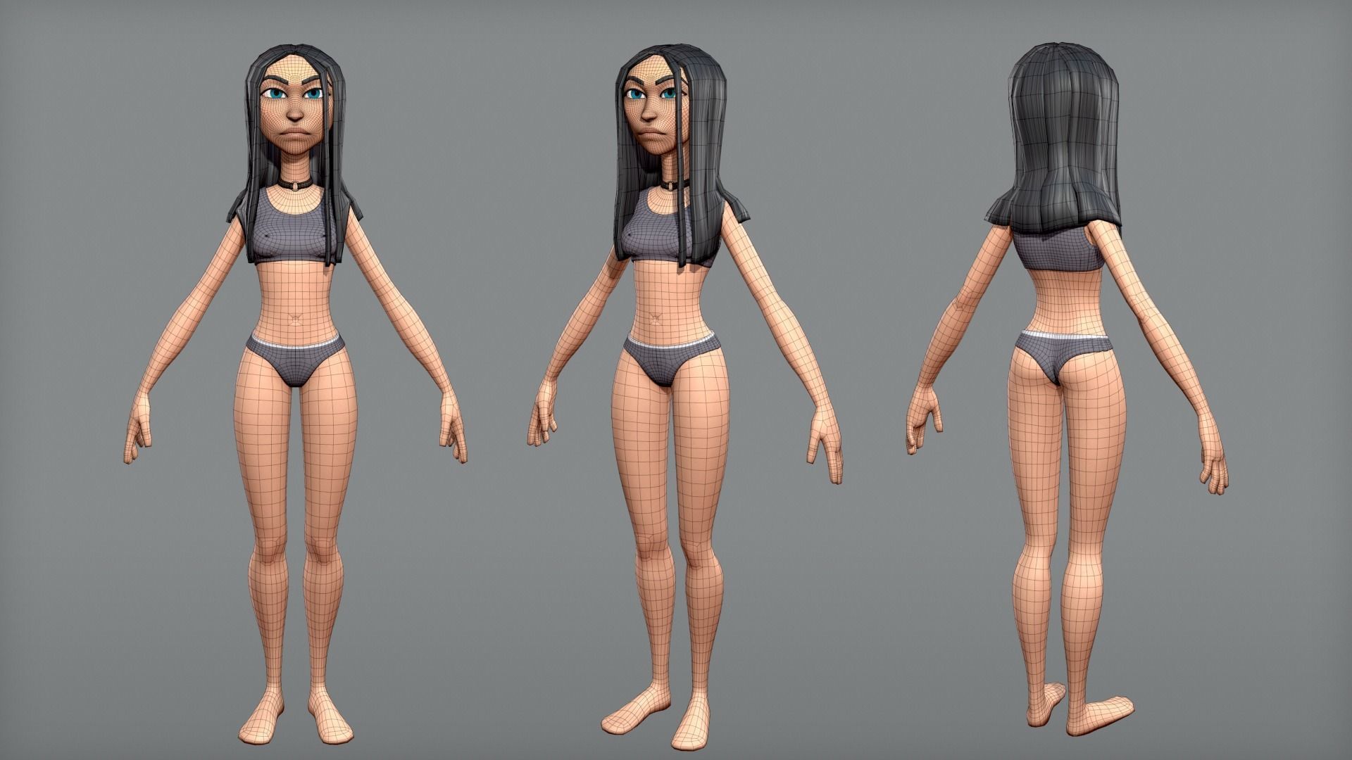 Cartoon female character Ava base mesh Low-poly 3D model_6