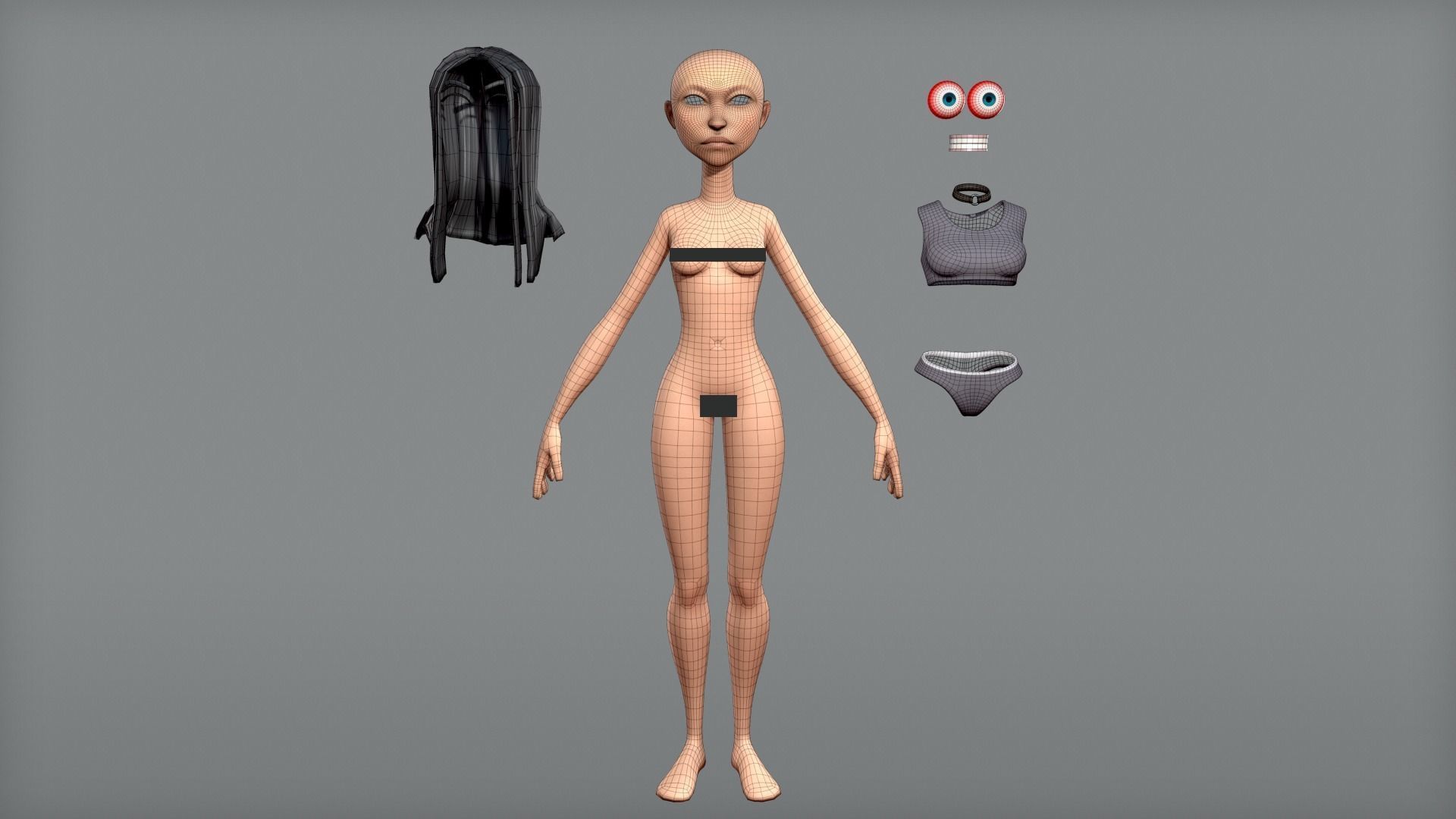 Cartoon female character Ava base mesh Low-poly 3D model_7