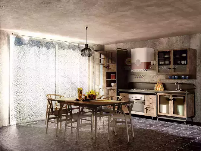 Rustickitchen kitchen with wooden floors and tiled walls