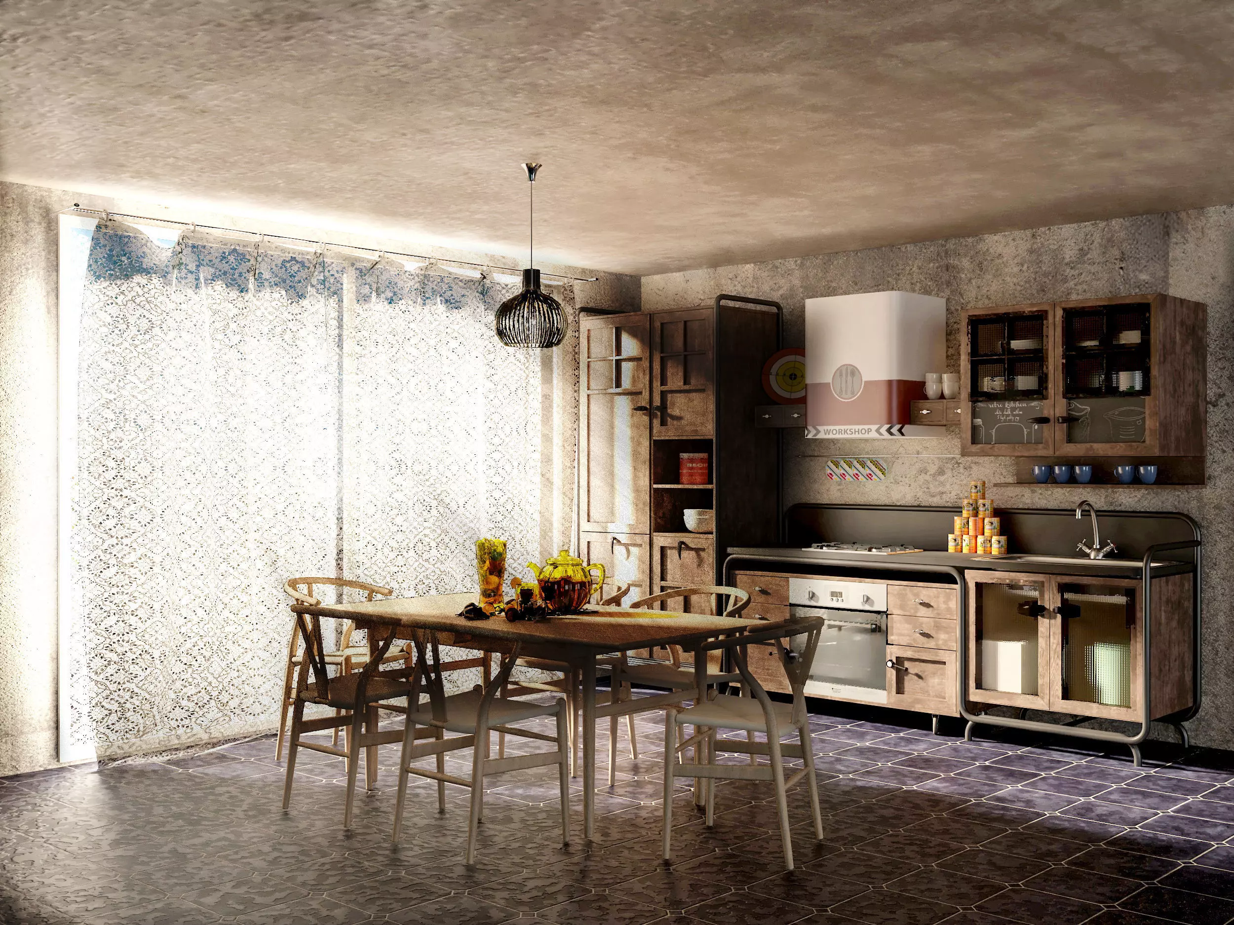 Rustickitchen kitchen with wooden floors and tiled walls 3D model_0