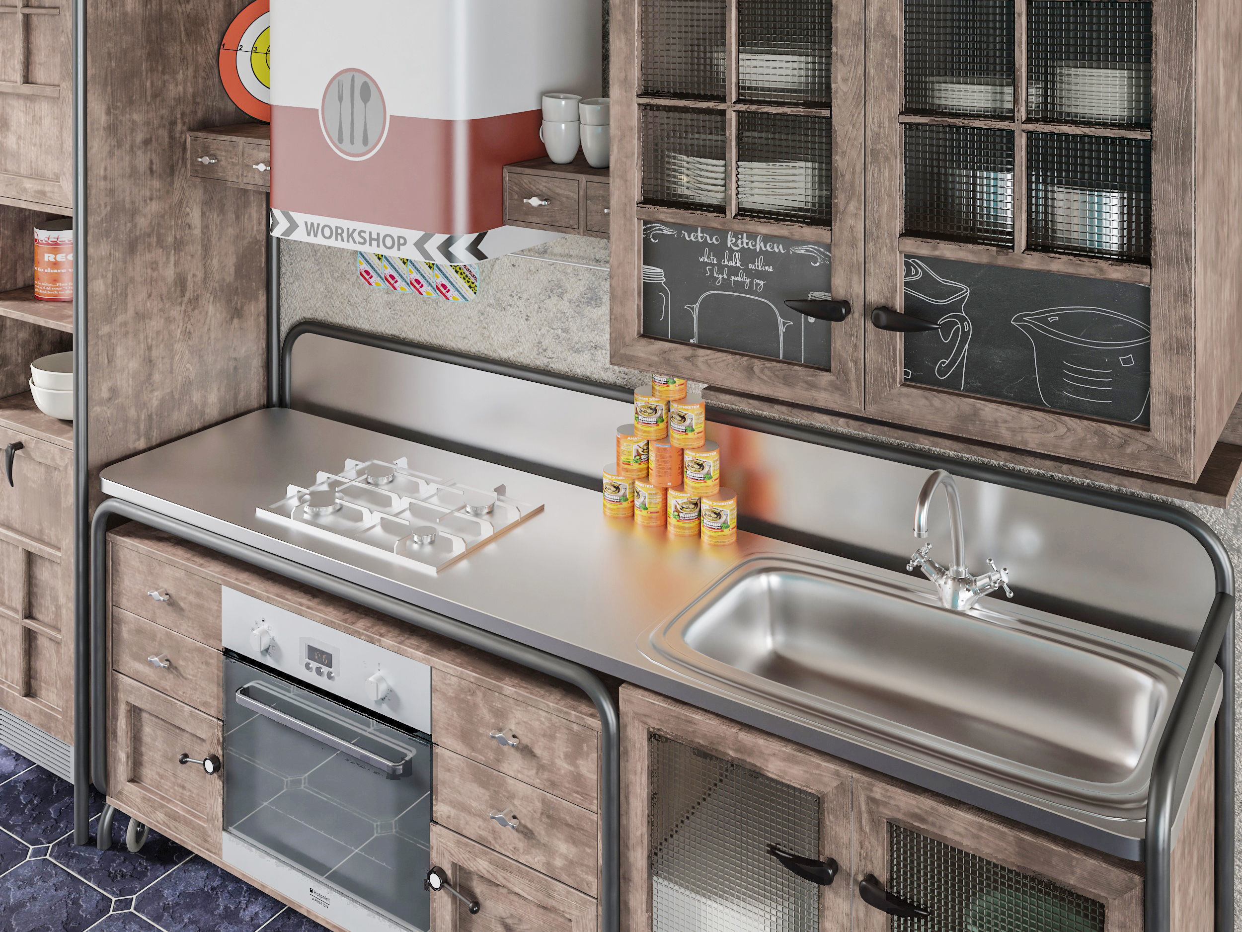 Rustickitchen kitchen with wooden floors and tiled walls 3D model_1
