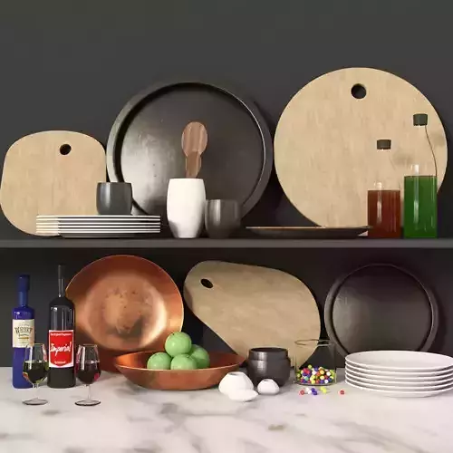 Kitchen set plates and bowls on shelf 3D model