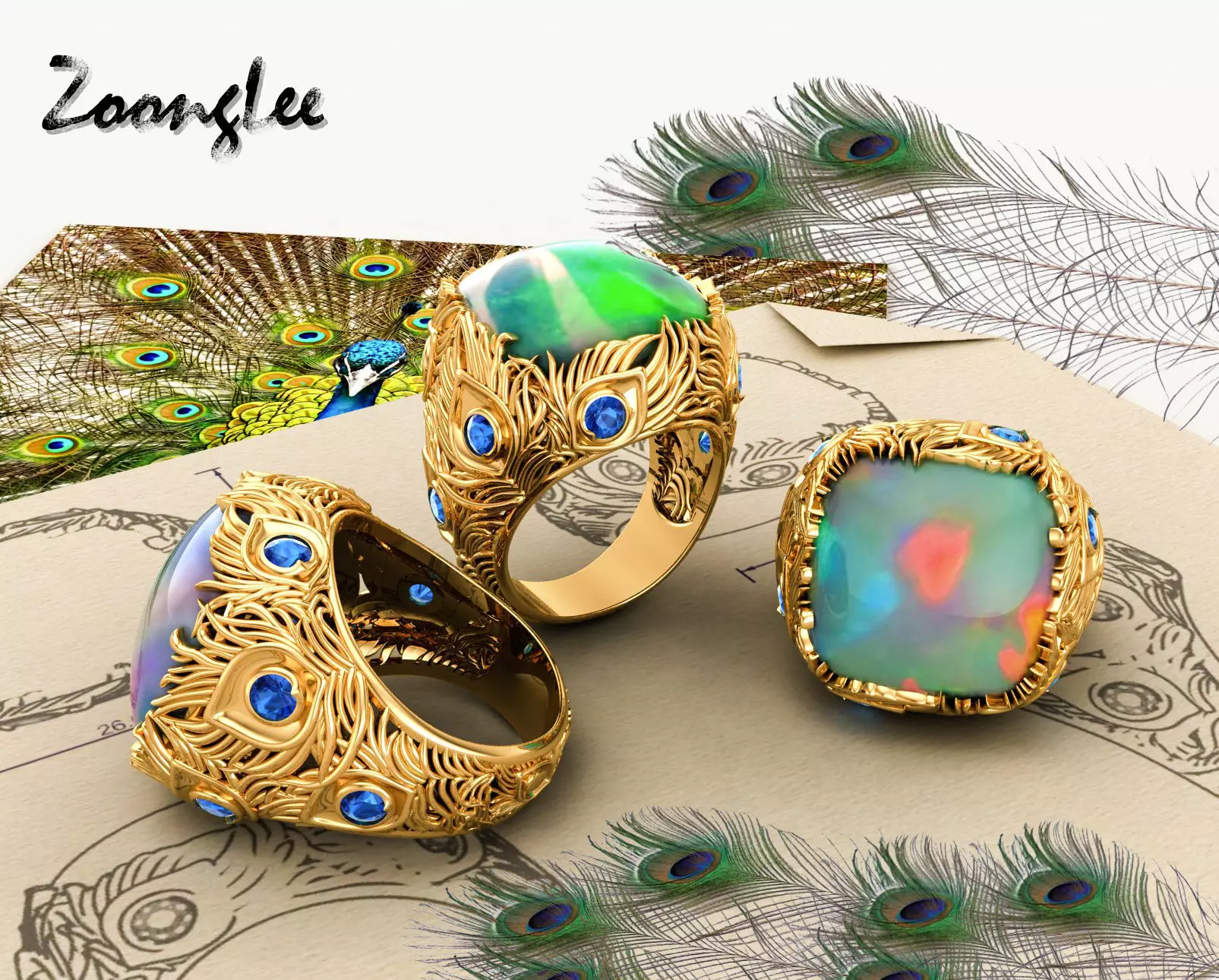 Peacock feathers ring 3D print model_0