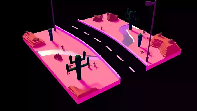 Low Poly Desert with cactus and road
