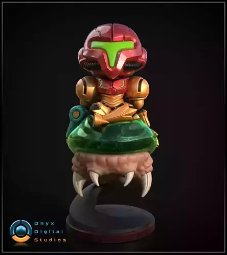 Chibi Samus Riding a Metroid Larva
