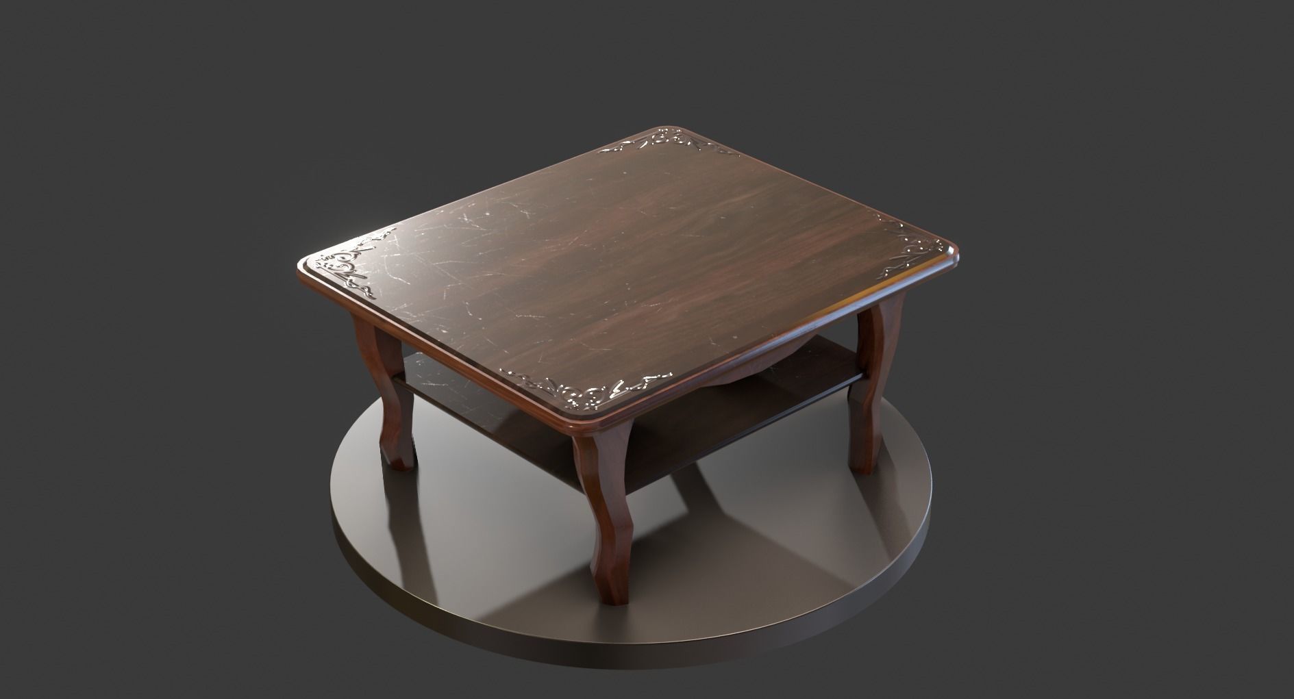 Vintage Wooden Coffee Table Low-poly 3D model_9