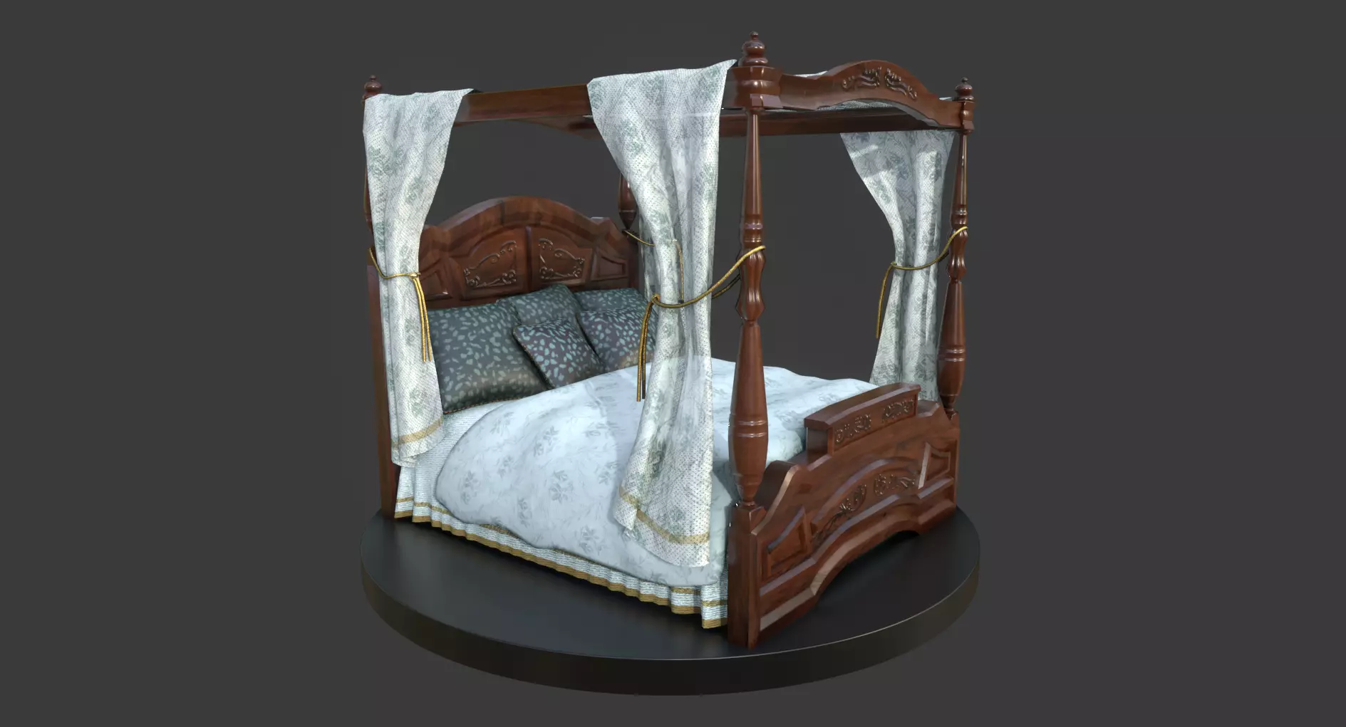 Vintage Bed With Curtains Low-poly 3D model_0