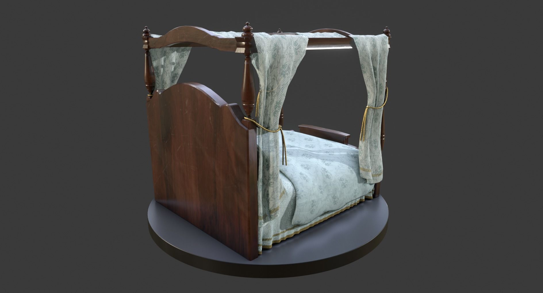 Vintage Bed With Curtains Low-poly 3D model_8