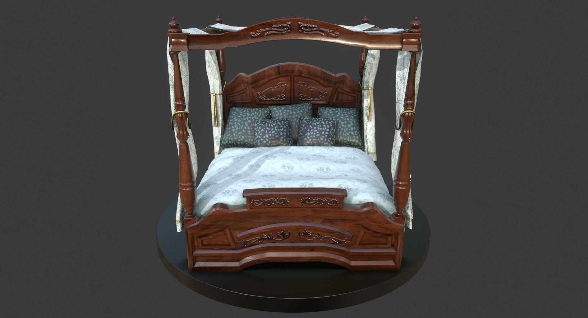Vintage Bed With Curtains Low-poly 3D model_2