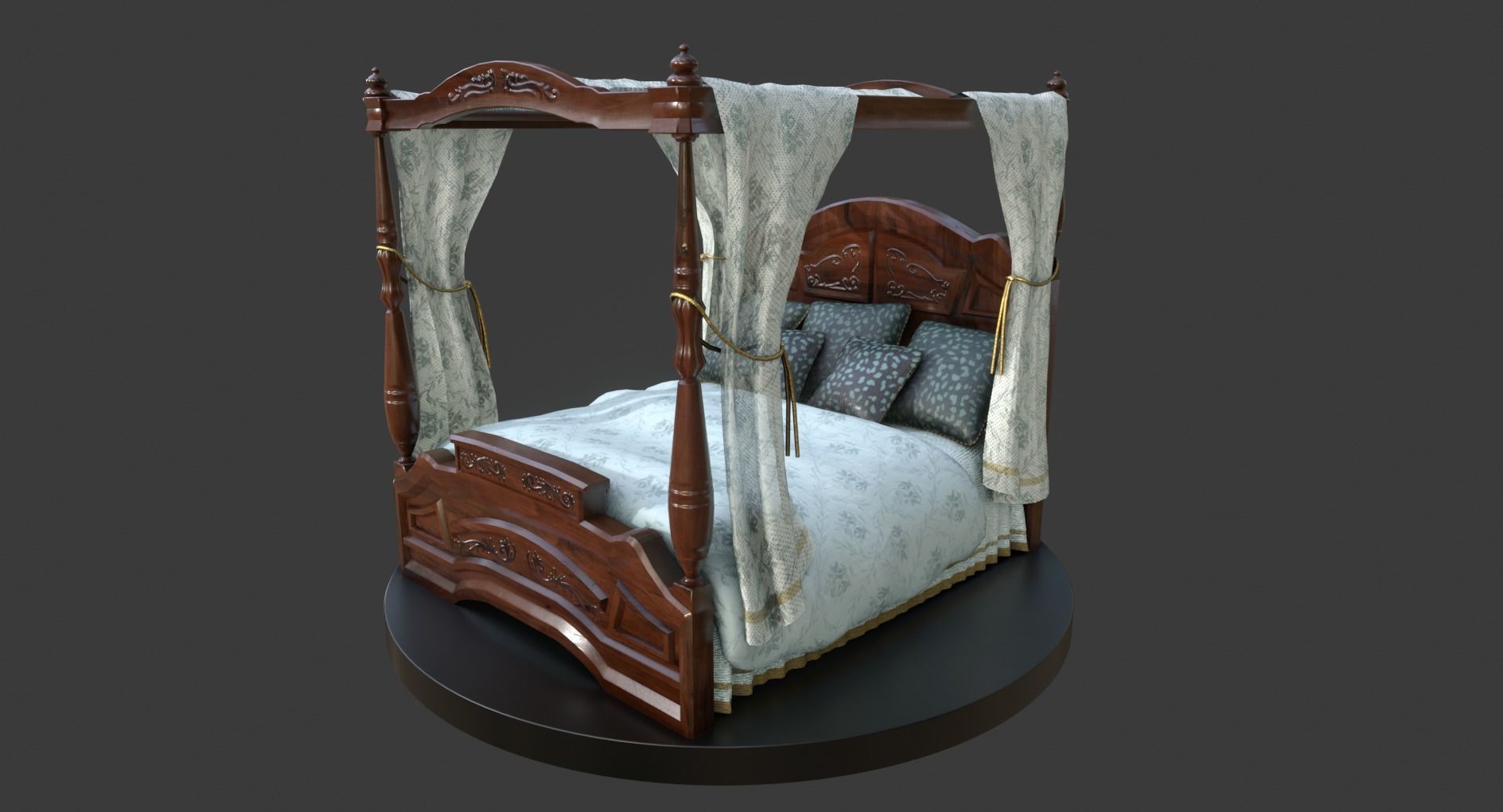Vintage Bed With Curtains Low-poly 3D model_4
