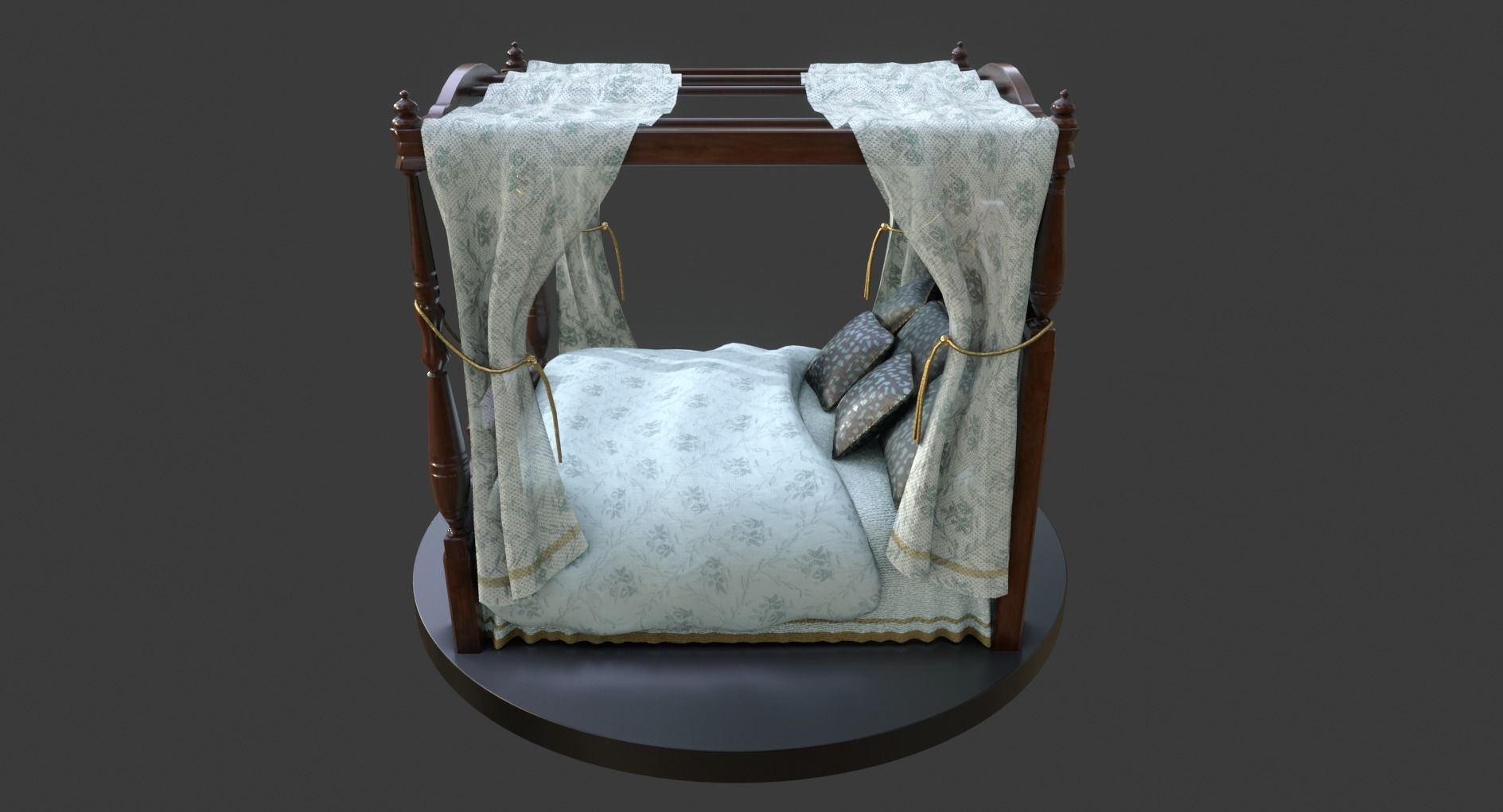 Vintage Bed With Curtains Low-poly 3D model_6