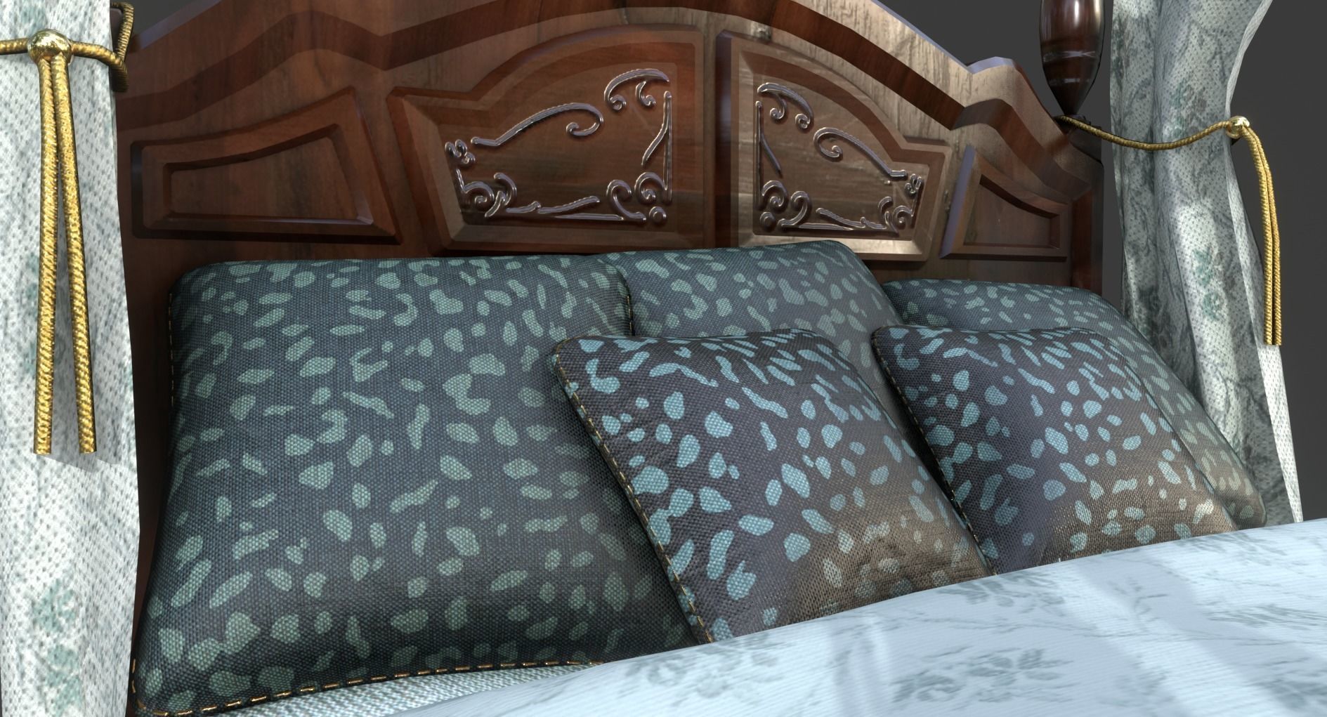 Vintage Bed With Curtains Low-poly 3D model_10