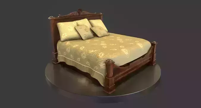 Vintage Wooden Bed Low-poly 3D model
