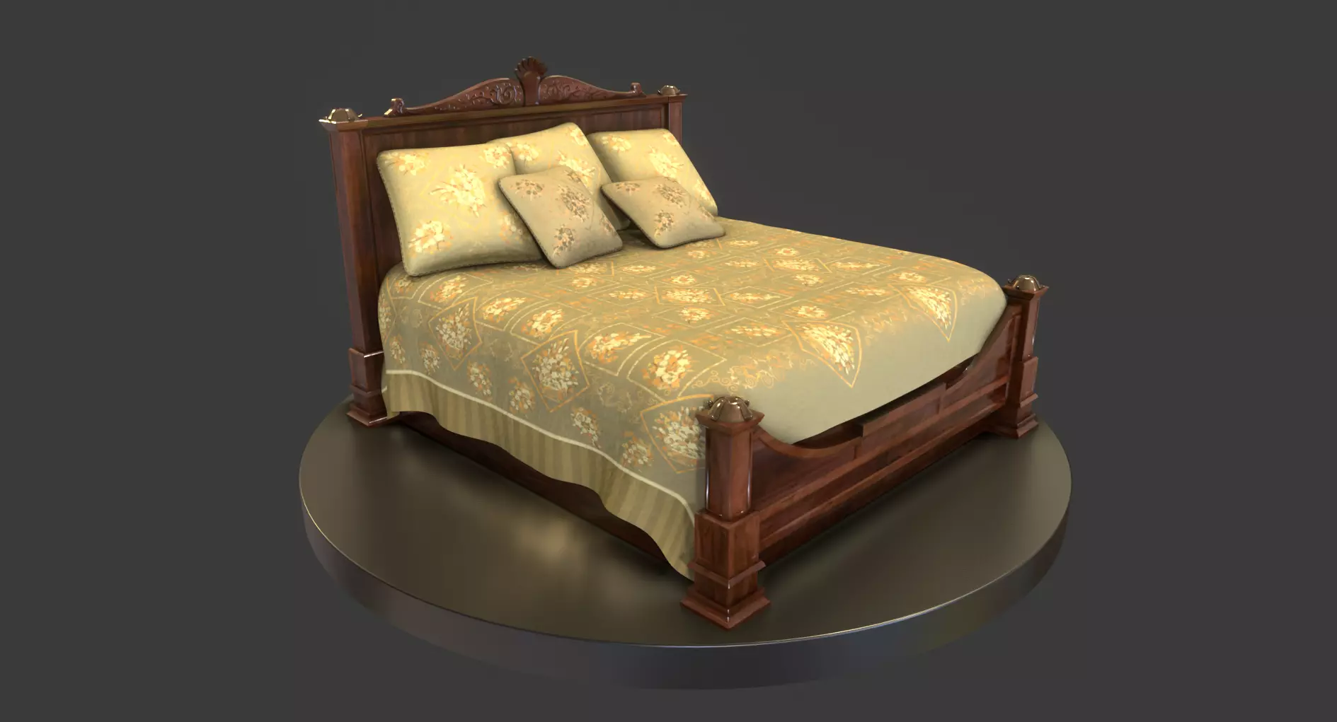 Vintage Wooden Bed Low-poly 3D model_0