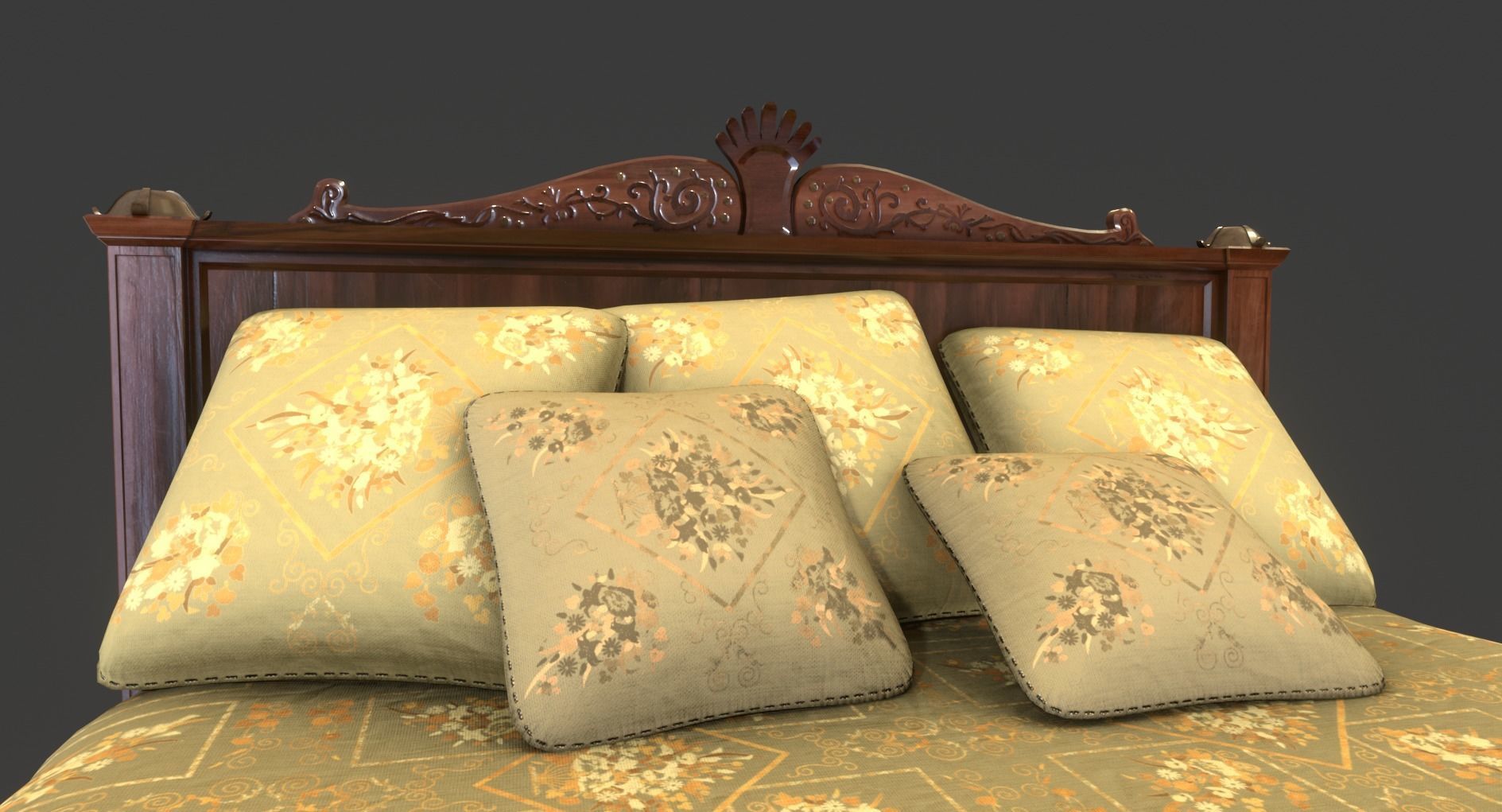 Vintage Wooden Bed Low-poly 3D model_10