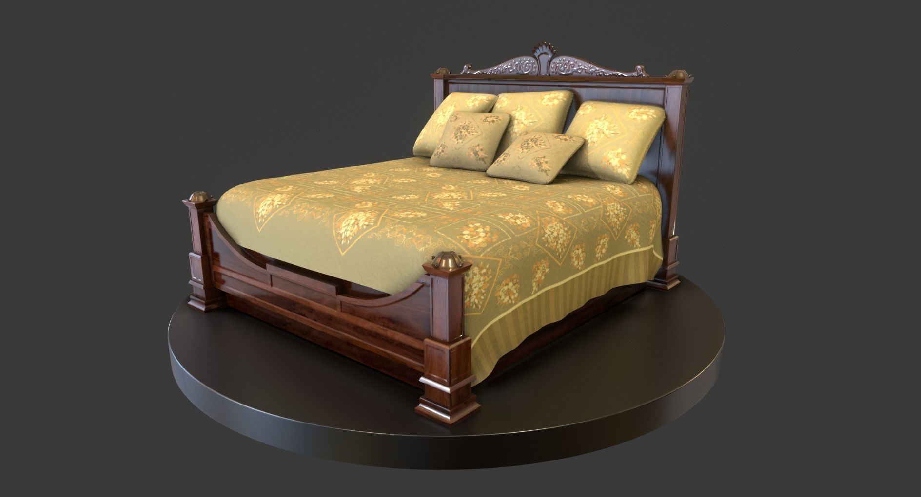 Vintage Wooden Bed Low-poly 3D model_4