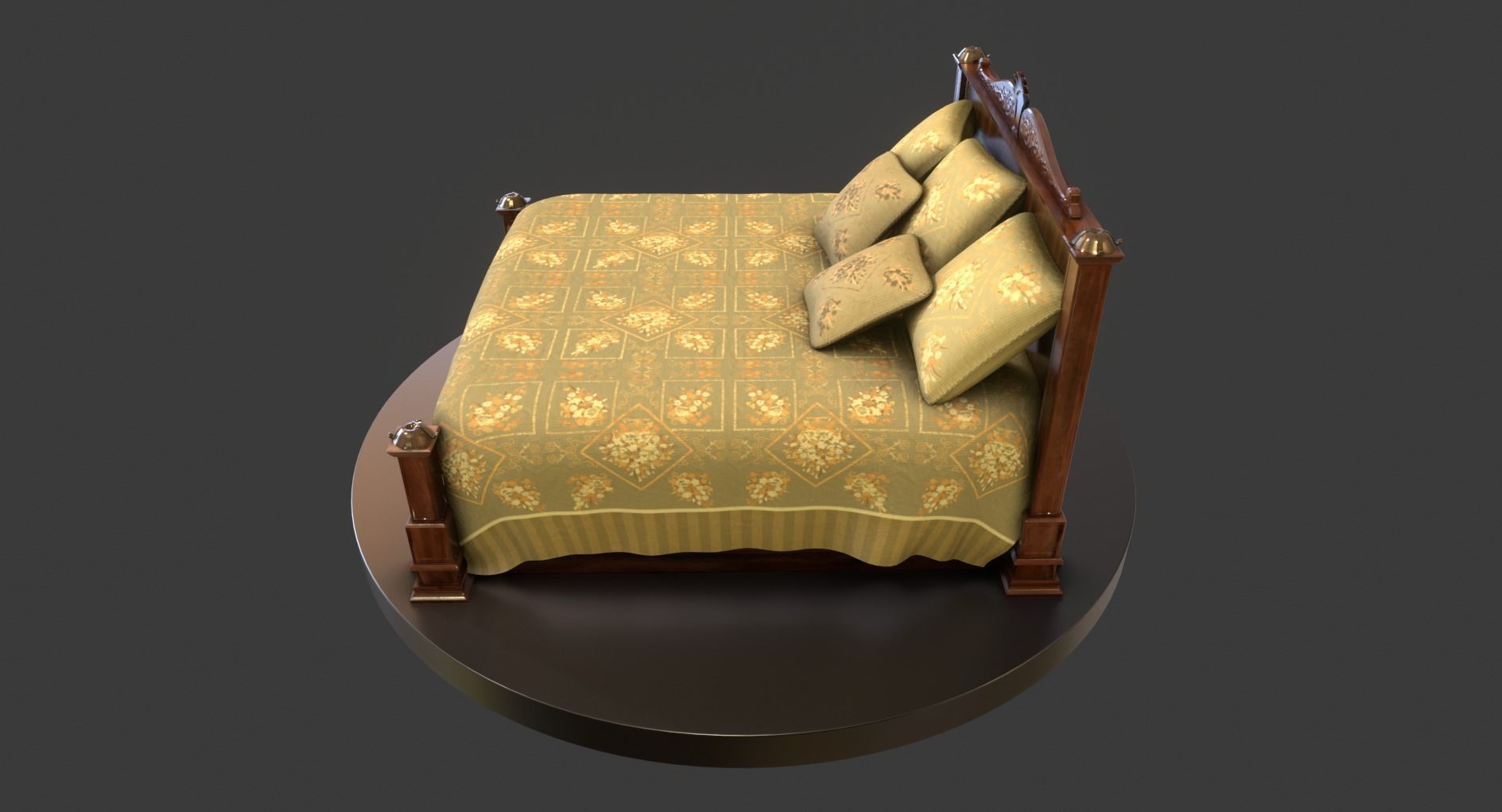 Vintage Wooden Bed Low-poly 3D model_6