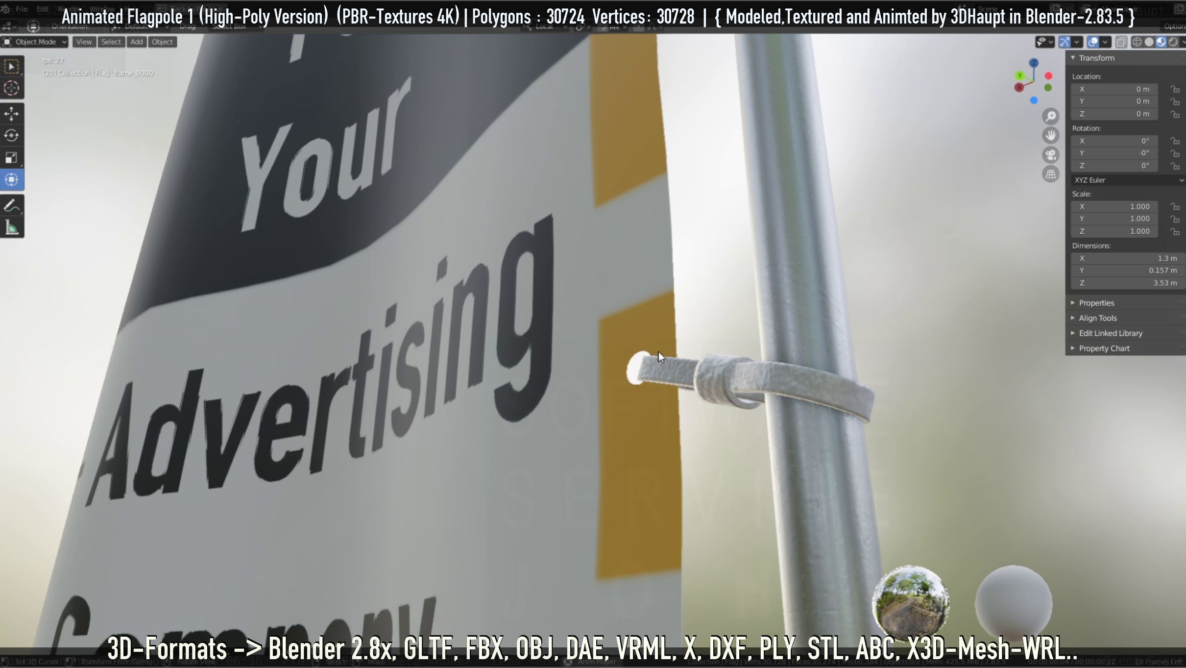 Animated Flag with Pole -1- High-Poly Version 3D model_31