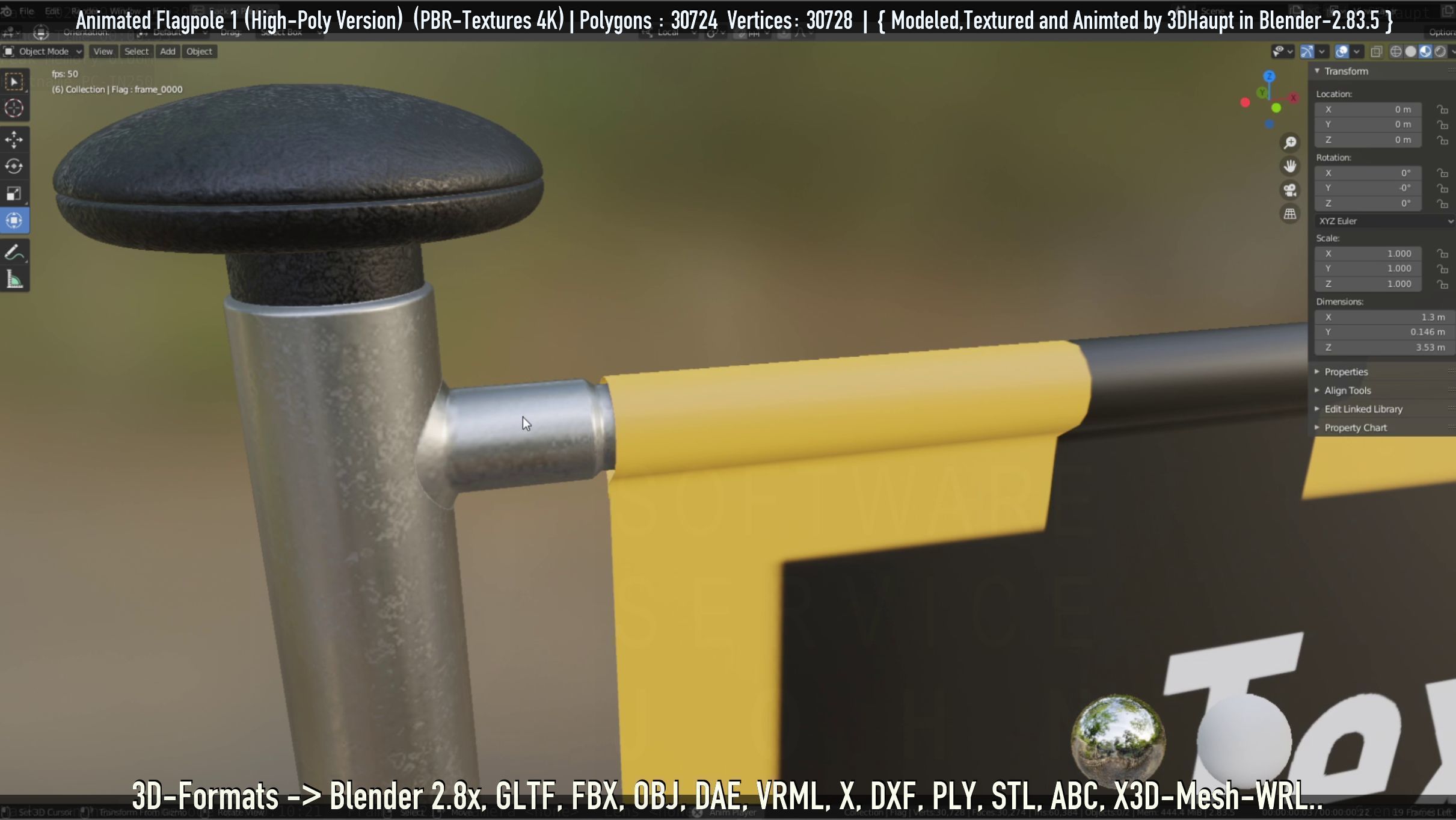 Animated Flag with Pole -1- High-Poly Version 3D model_30